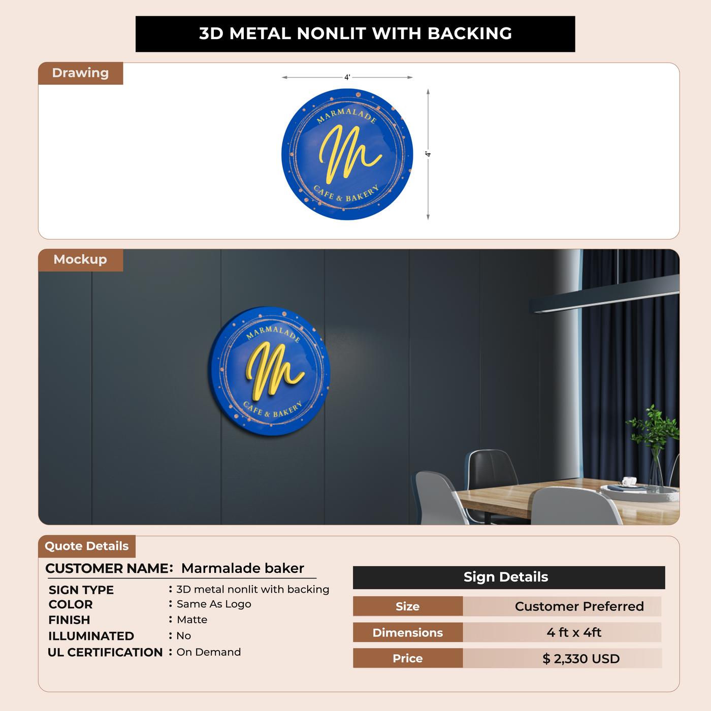 3D Metal Non-lit Sign For Marmalade baker