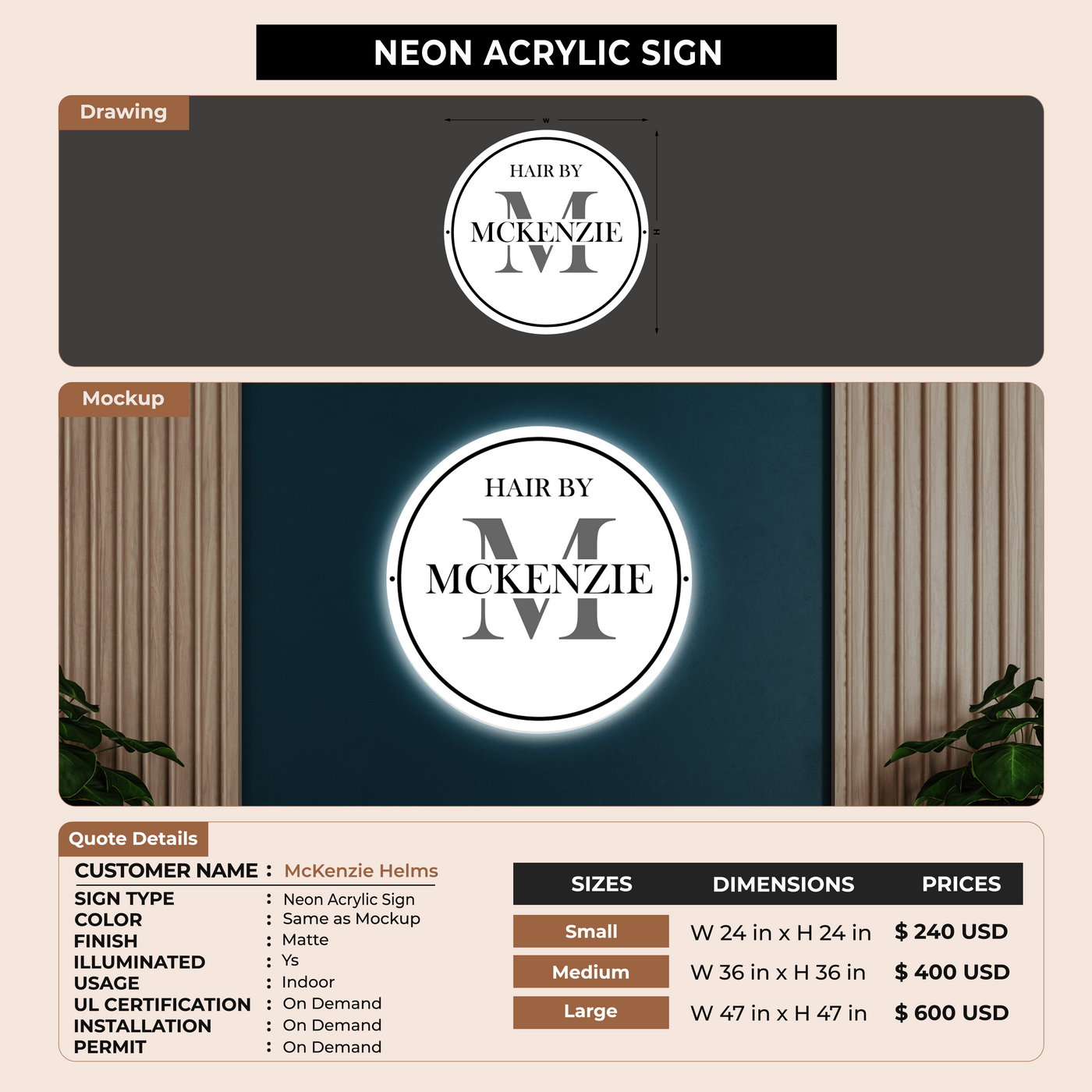 Neon Acrylic Sign For McKenzie Helms