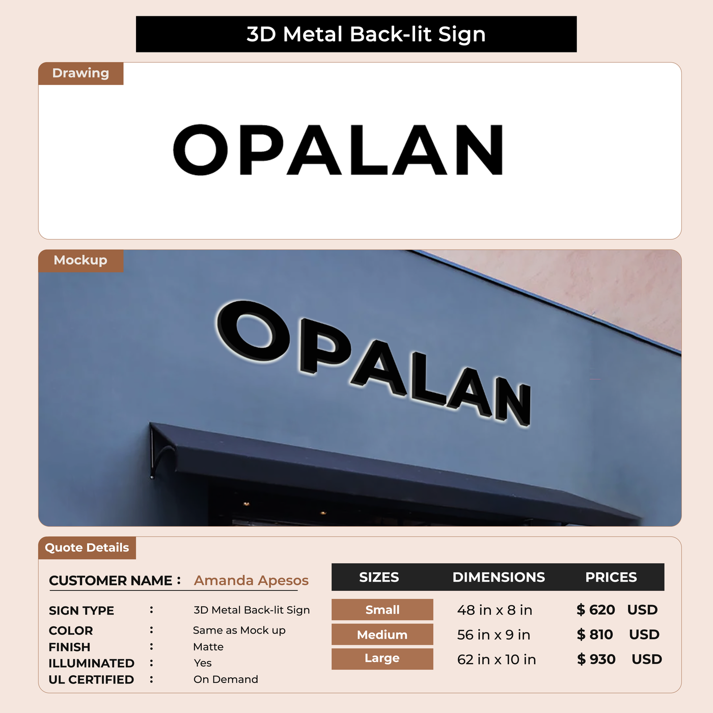 3D Metal Back-lit Sign For Amanda Apesos