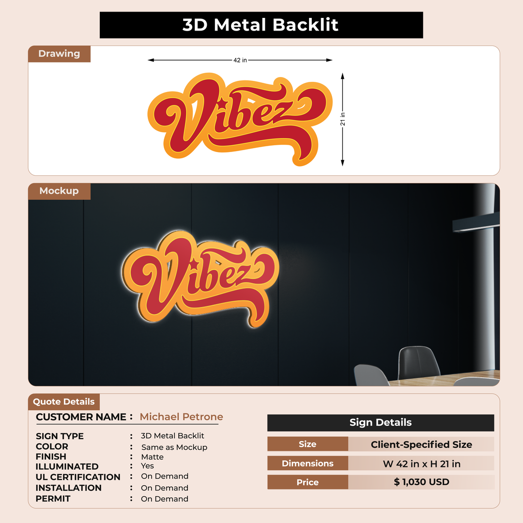 3D Metal Backlit Sign For Michael Petrone