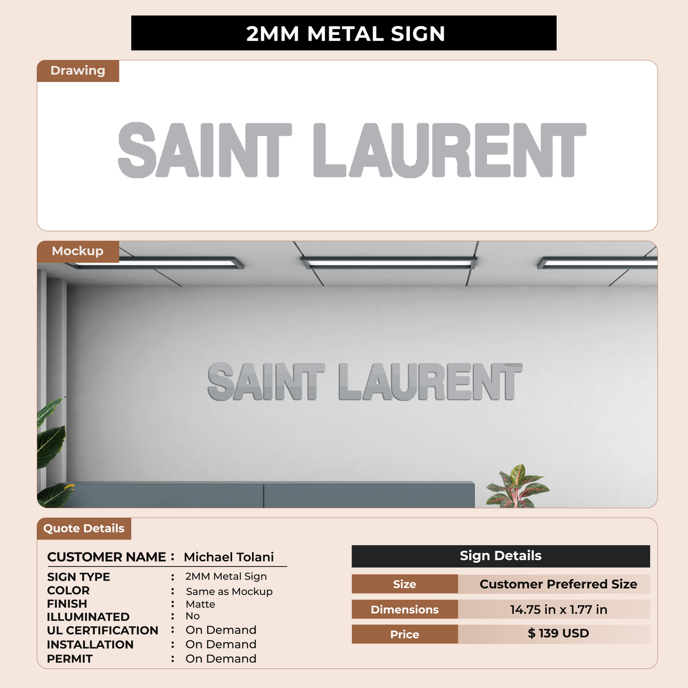2mm metal sign for Michael Tolani