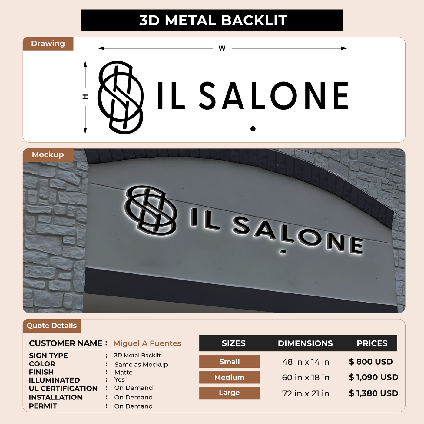 3D Metal Backlit Sign for Miguel A Fuentes