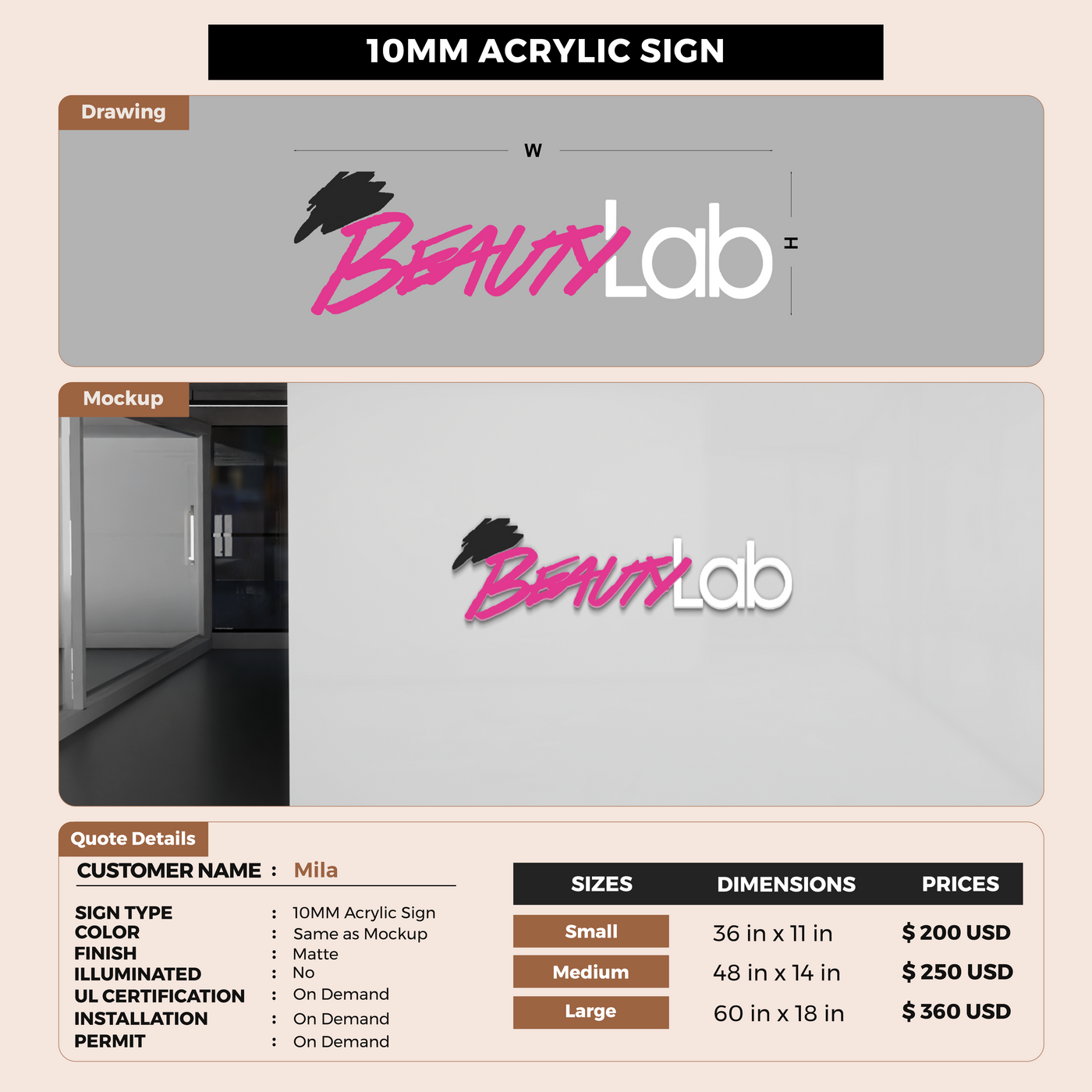 Business signage for Mila