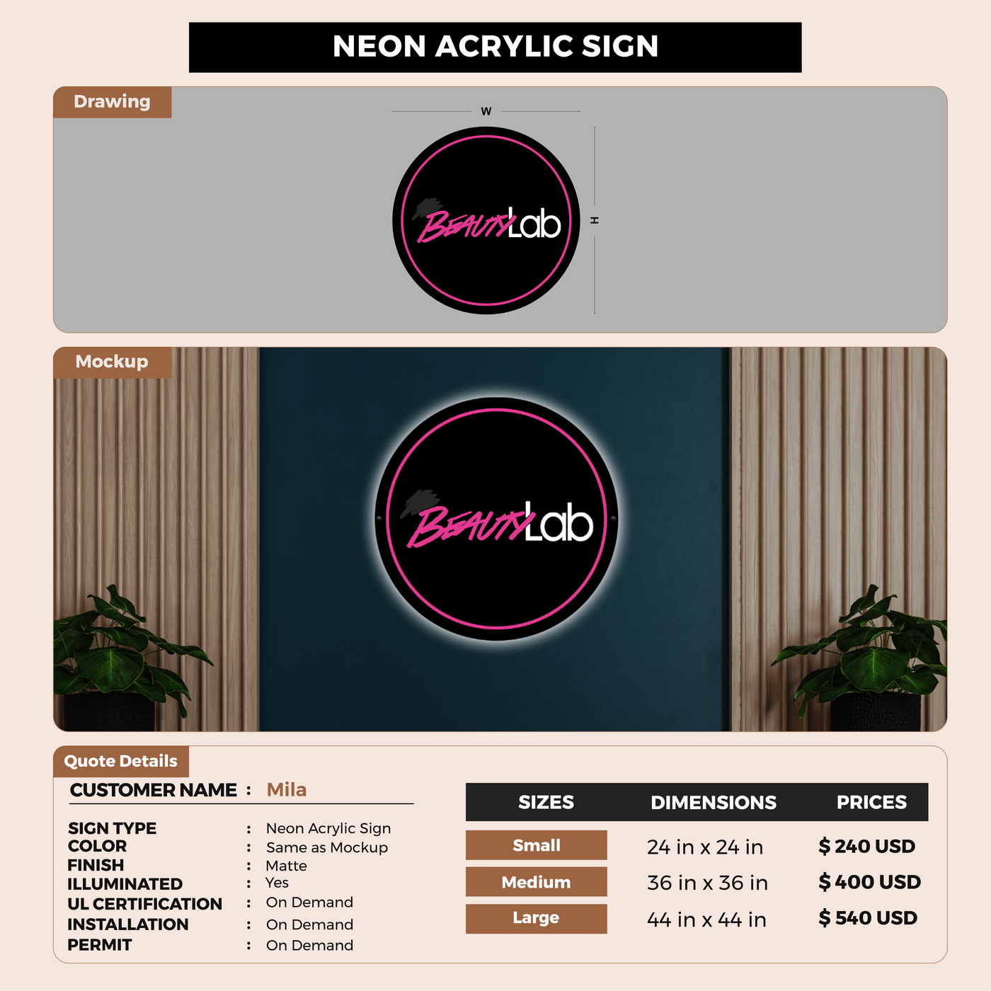 Business signage for Mila
