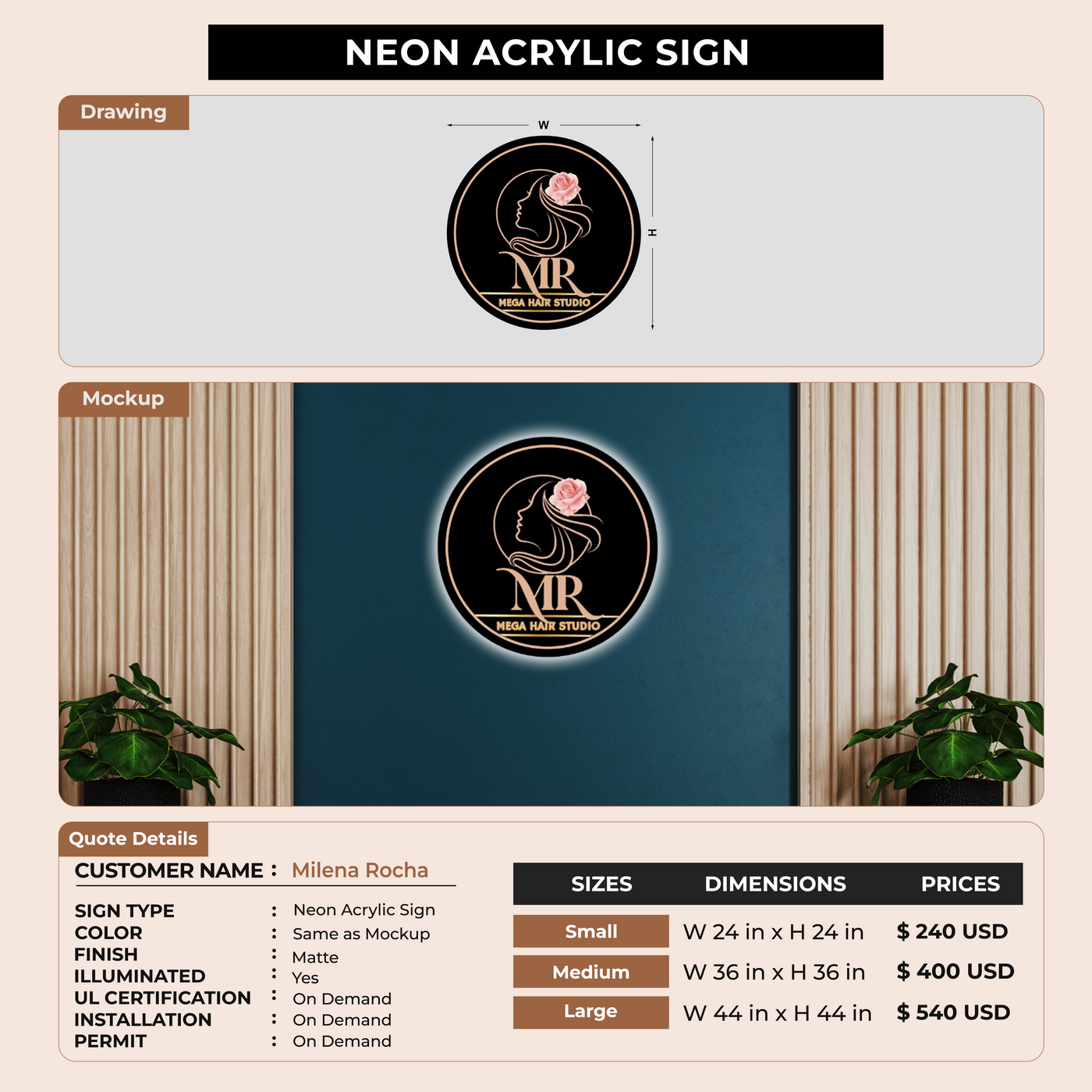 Neon Acrylic Sign for Milena Rocha
