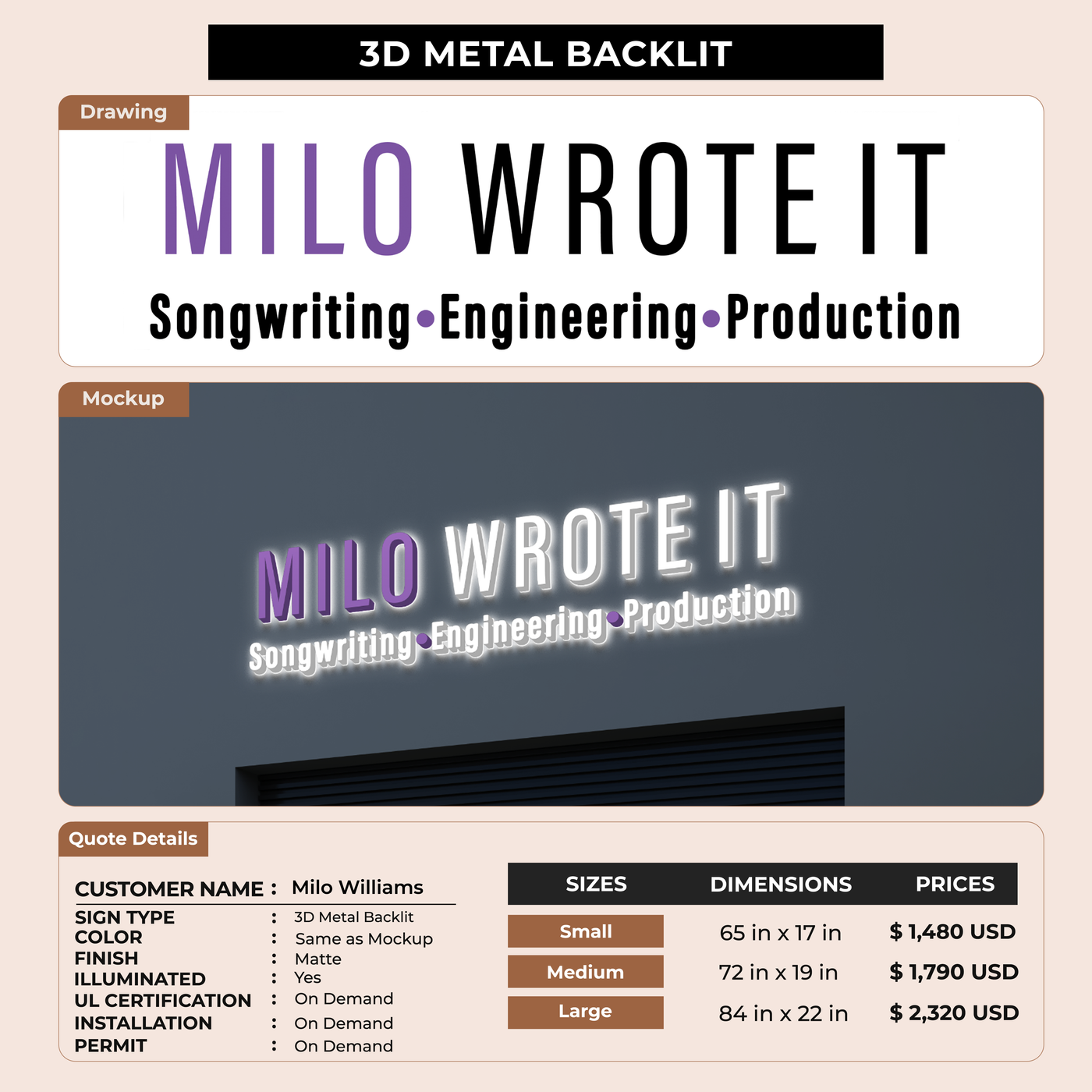 Business signage for Milo Williams