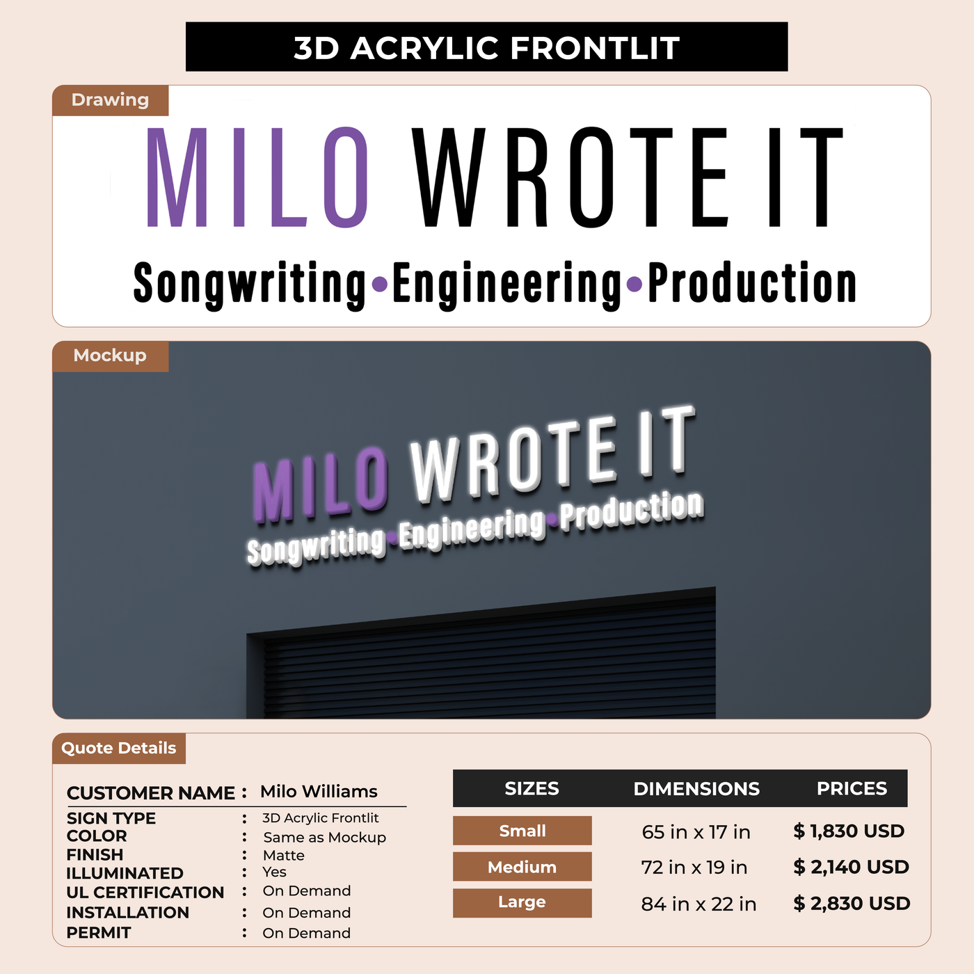 Business signage for Milo Williams
