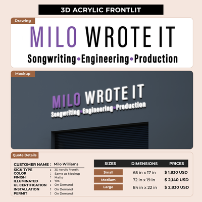 Business signage for Milo Williams