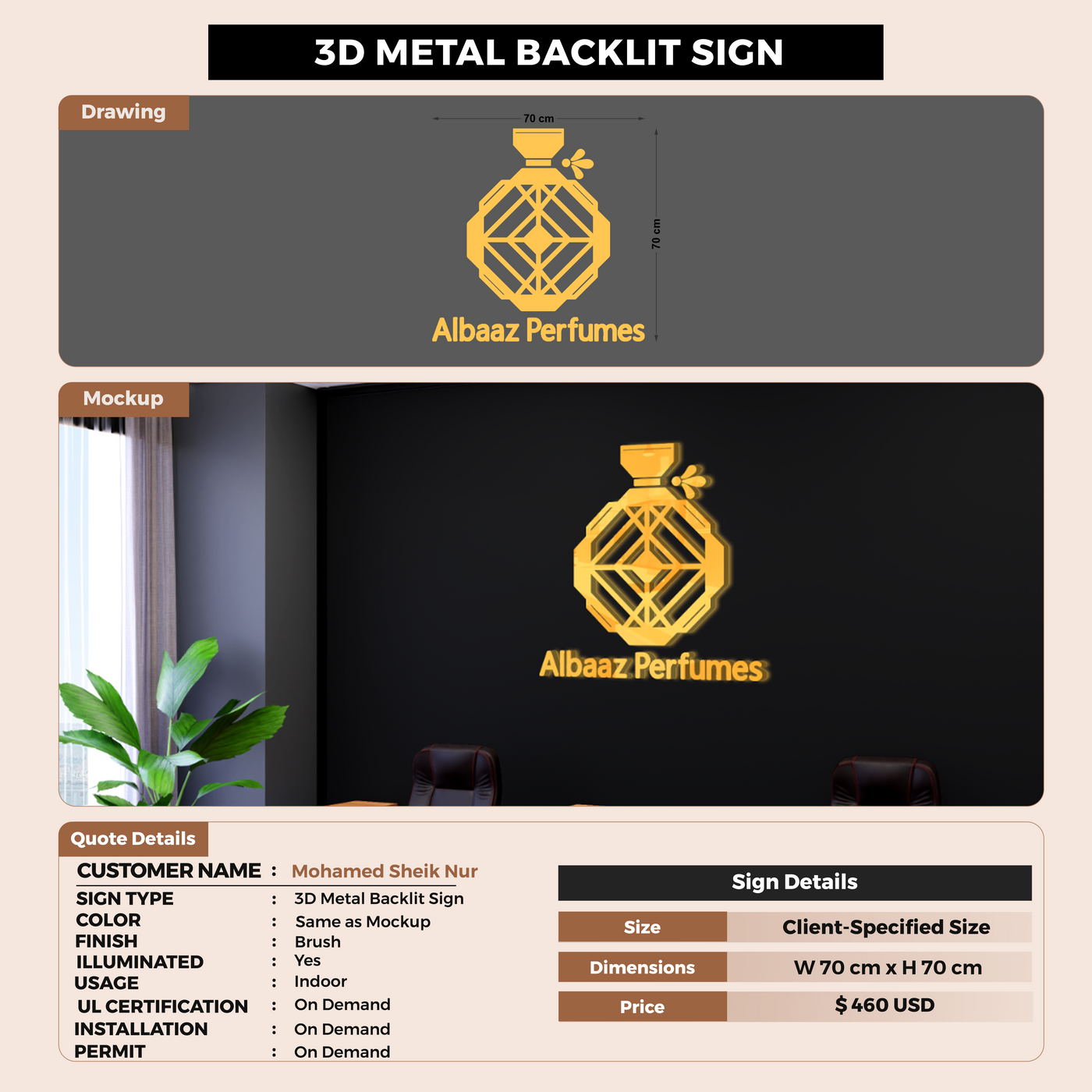 3D Metal backlit Sign For Mohamed Sheik Nur