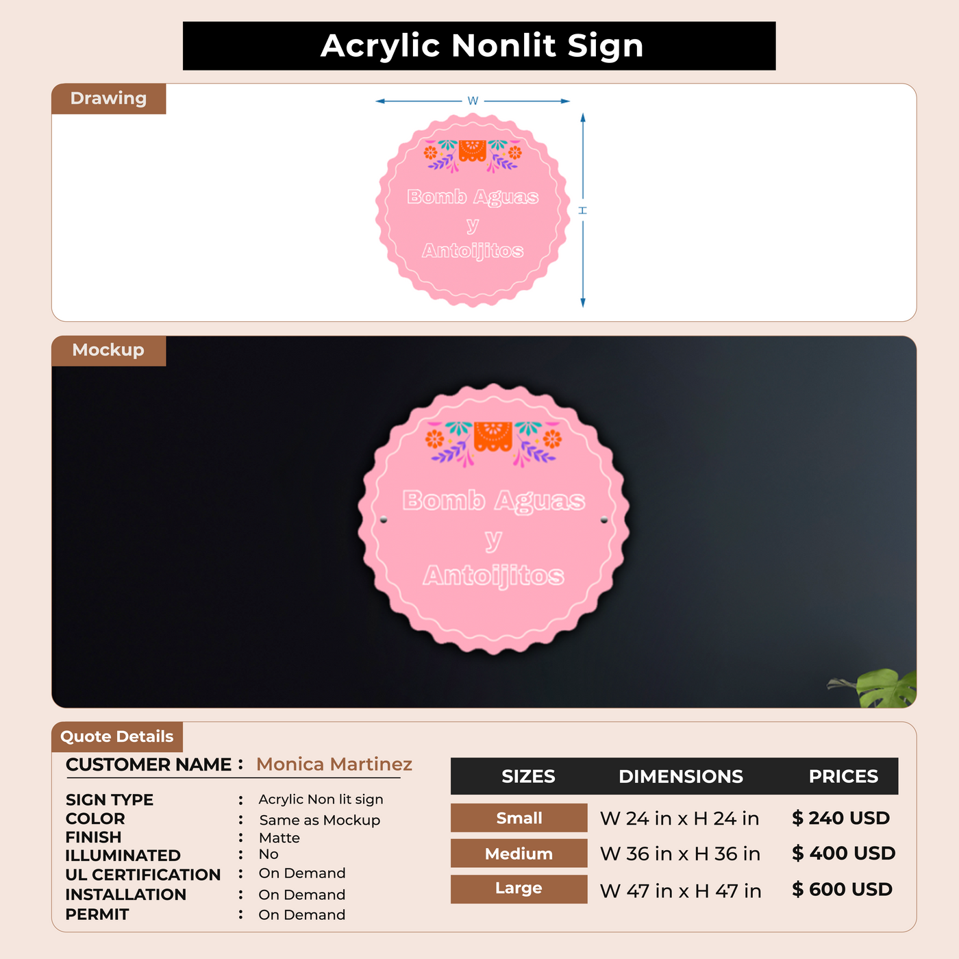 Acrylic Nonlit sign For Monica Martinez