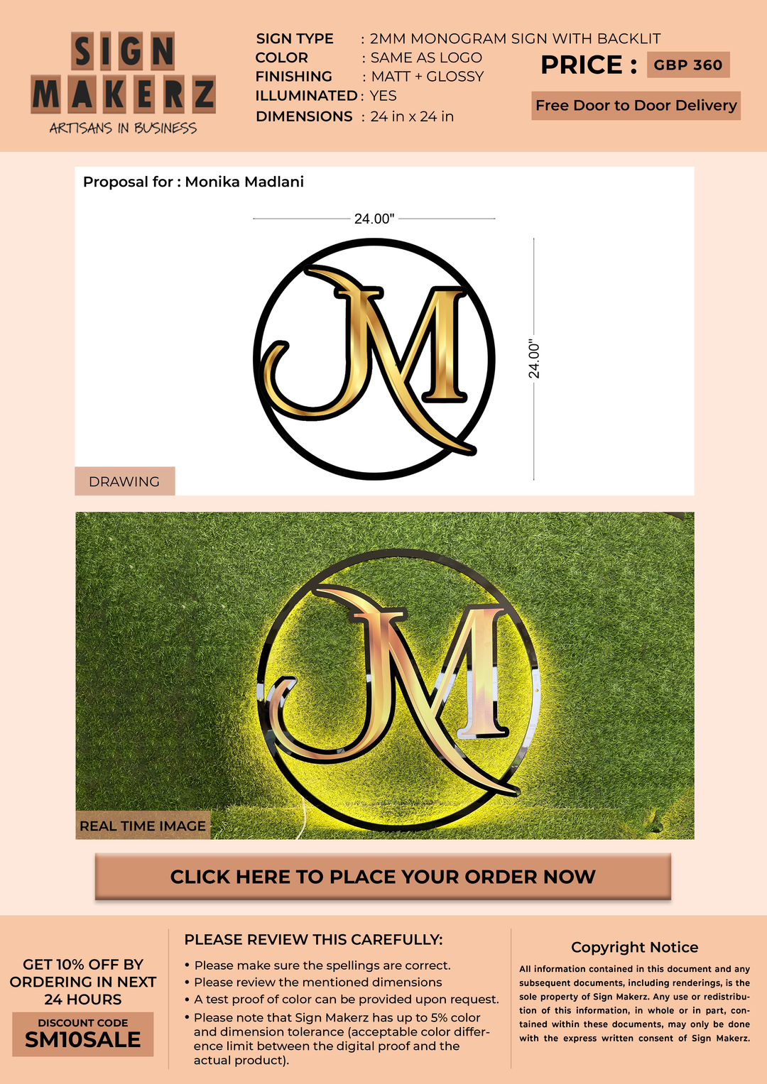 2mm monogram sign with backlit for Monika Madlani