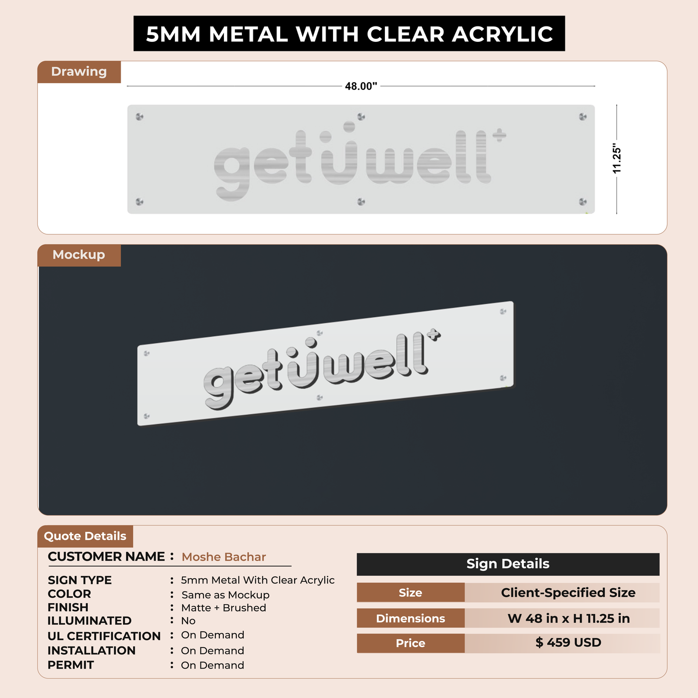 5mm metal sign with clear acrylic board for Moshe Bachar