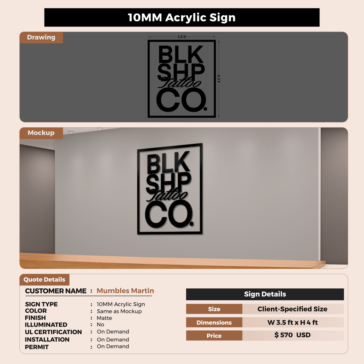 10MM Acrylic Sign For Mumbles Martin