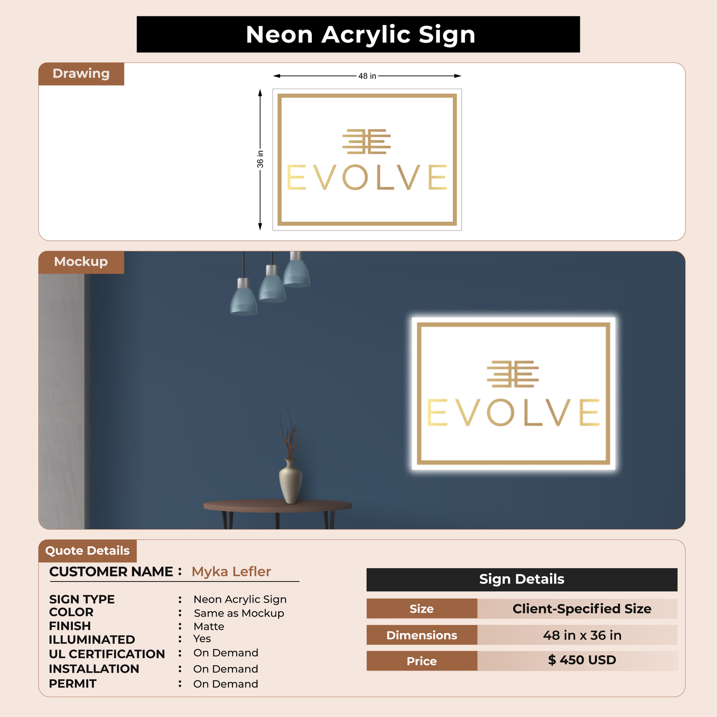 Neon acrylic backlit sign for Myka Lefler