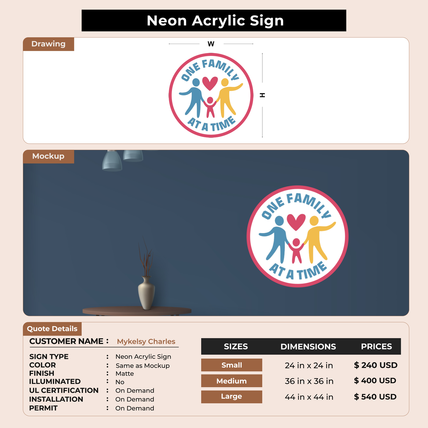 Acrylic non-lit sign for Mykelsy Charles