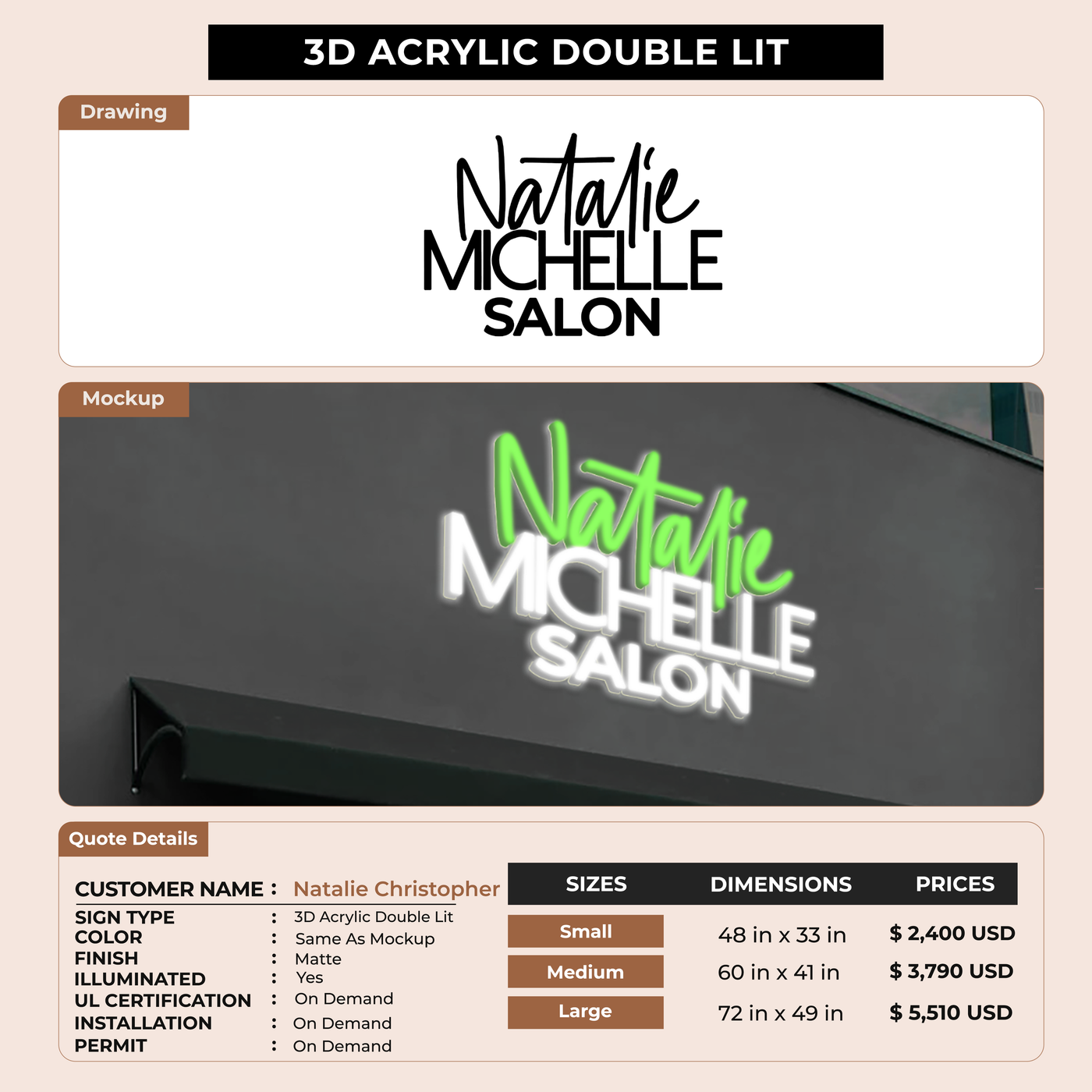 3D Acrylic Double Lit Sign for Natalie Christopher