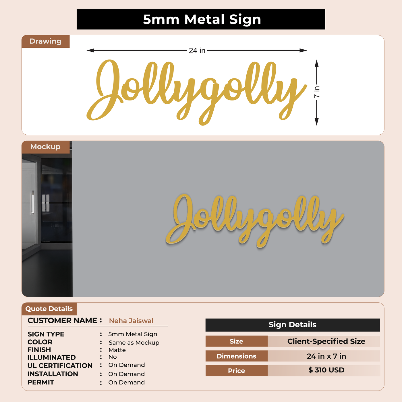 5mm metal sign for Neha Jaiswal