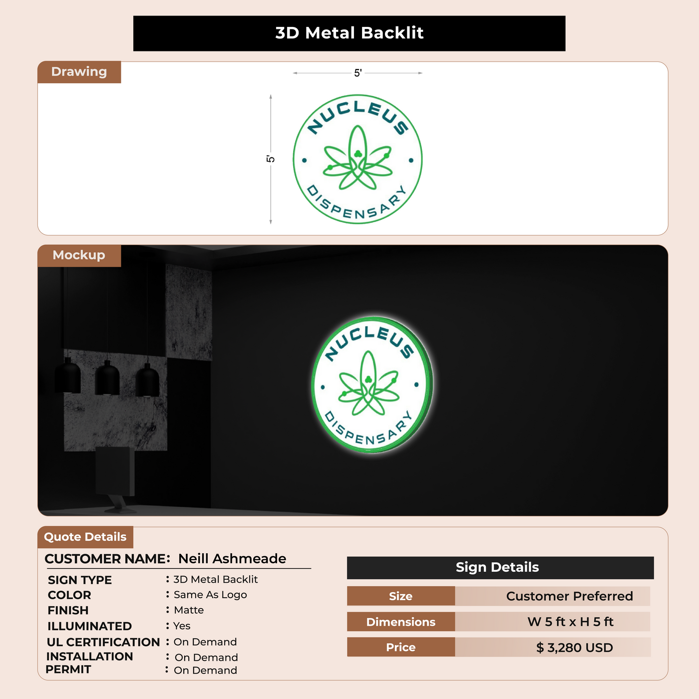 3D Metal Backlit Sign for Neill Ashmeade