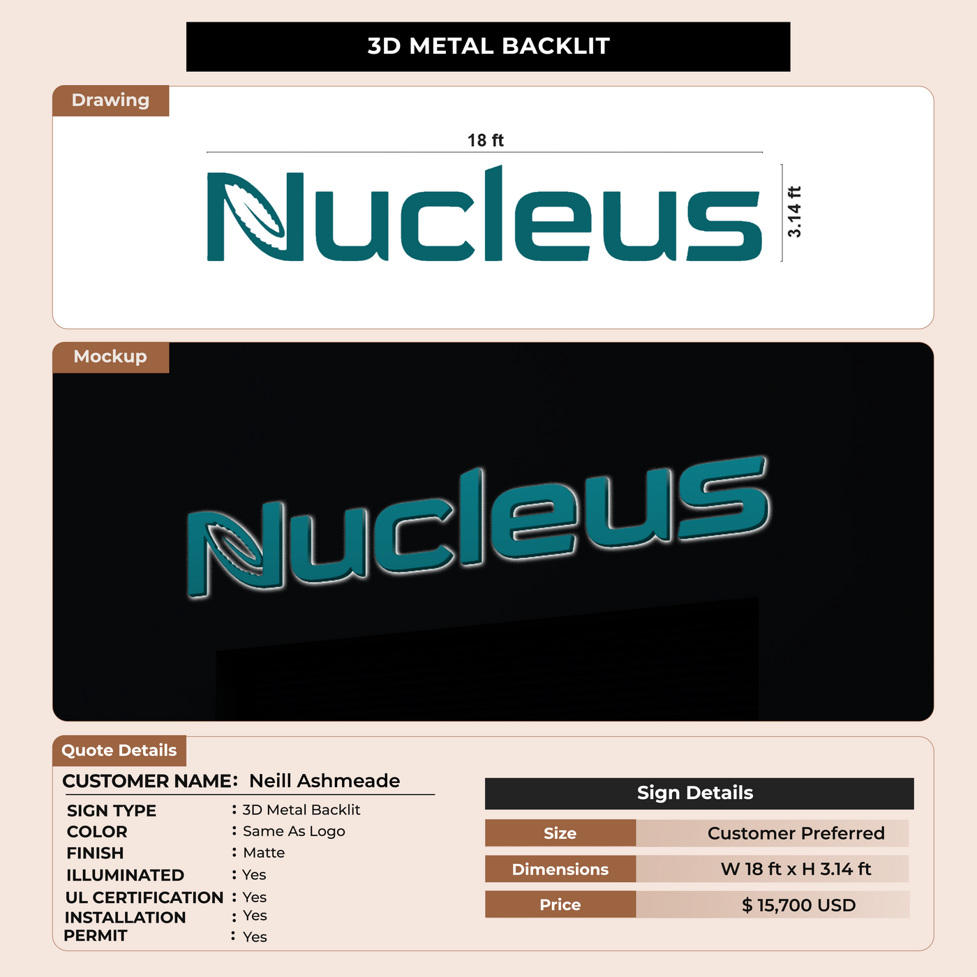 3D Metal Backlit Sign for Neill Ashmeade
