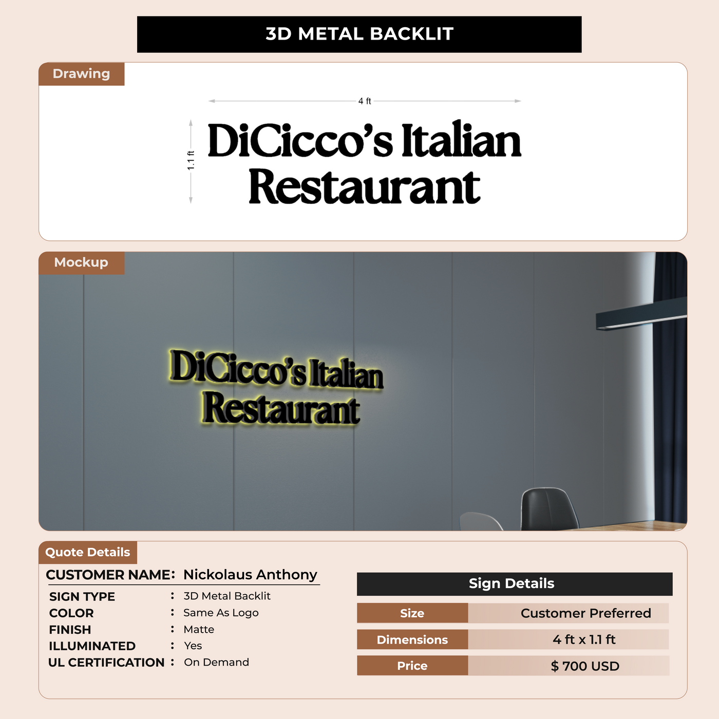3D Metal Backlit Sign for Nickolaus Anthony