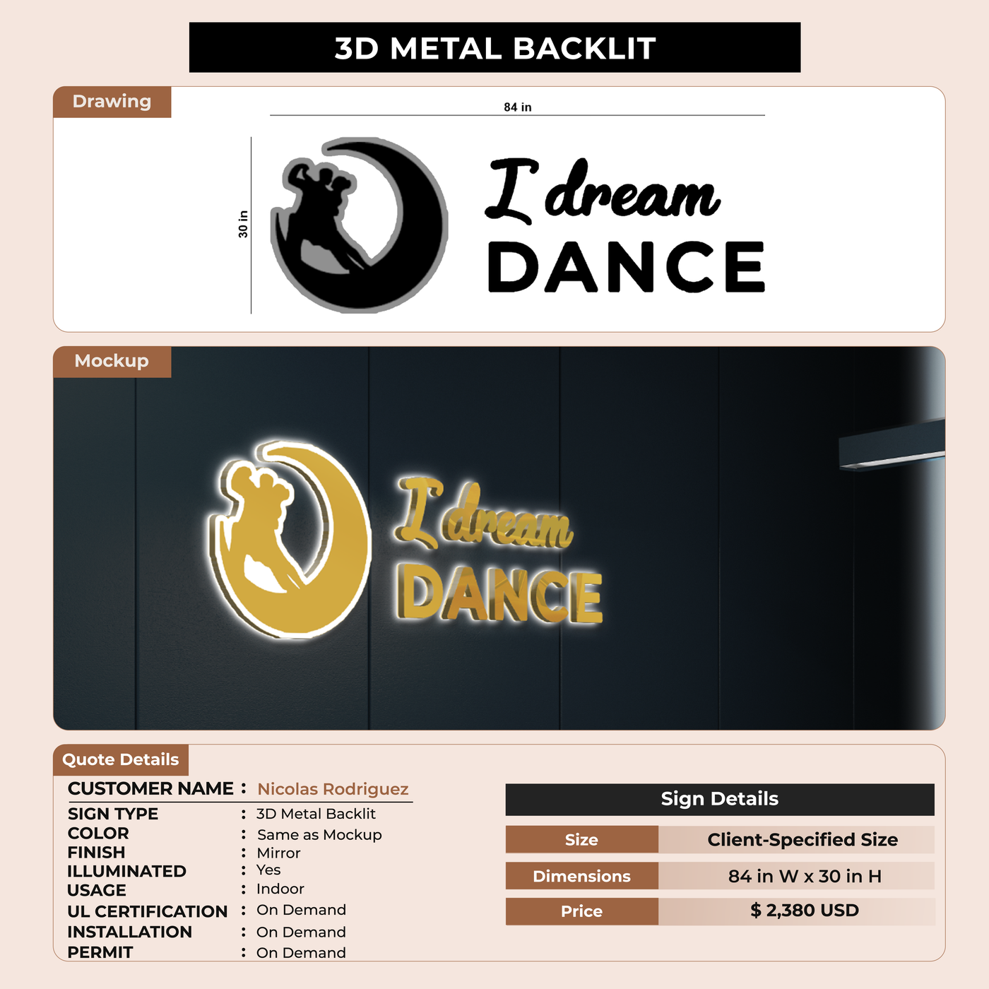 3D Metal BaACKLIT SIGN FOR Nicolas Rodriguez