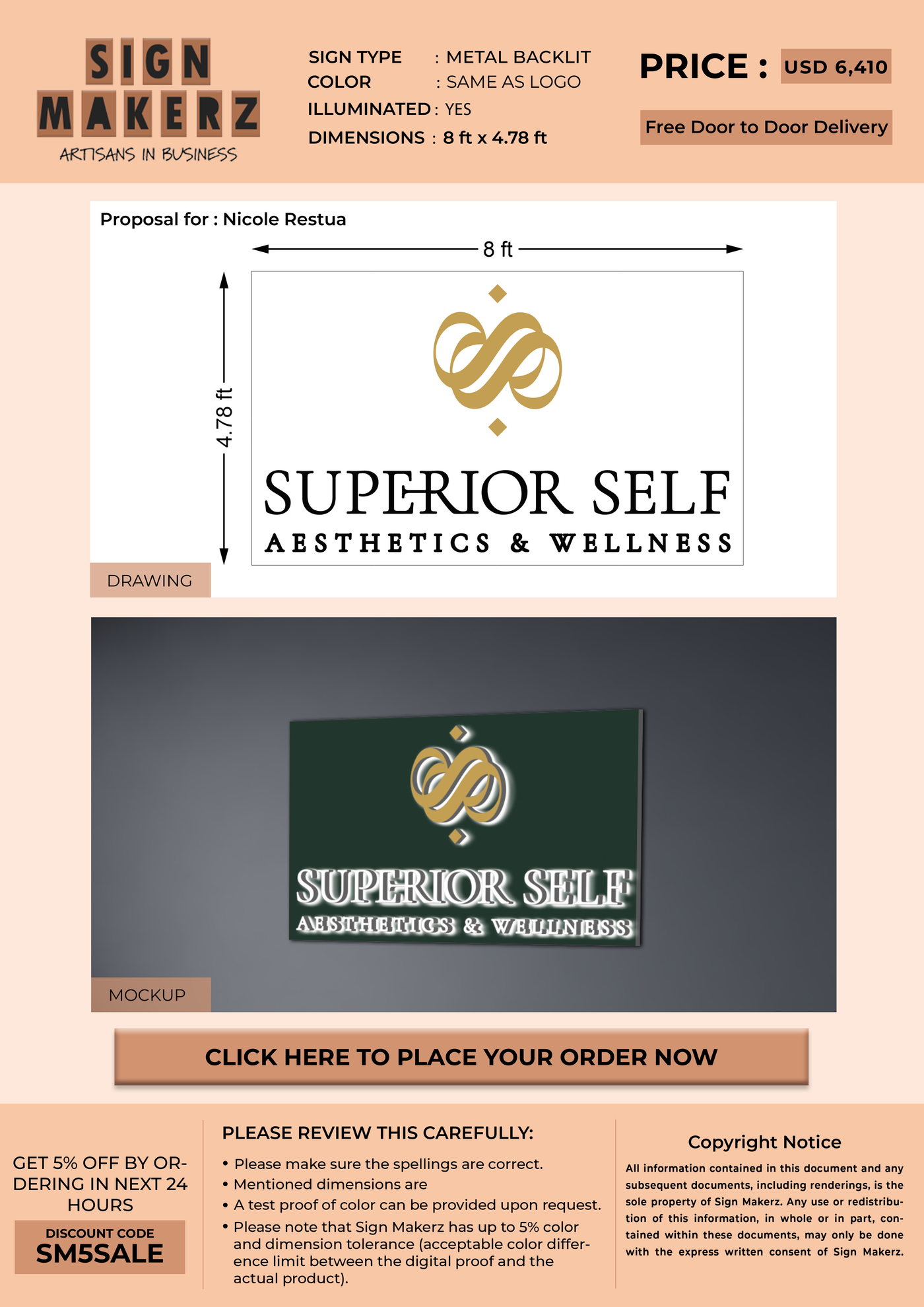 3d Metal backlit sign for Nicole Restua