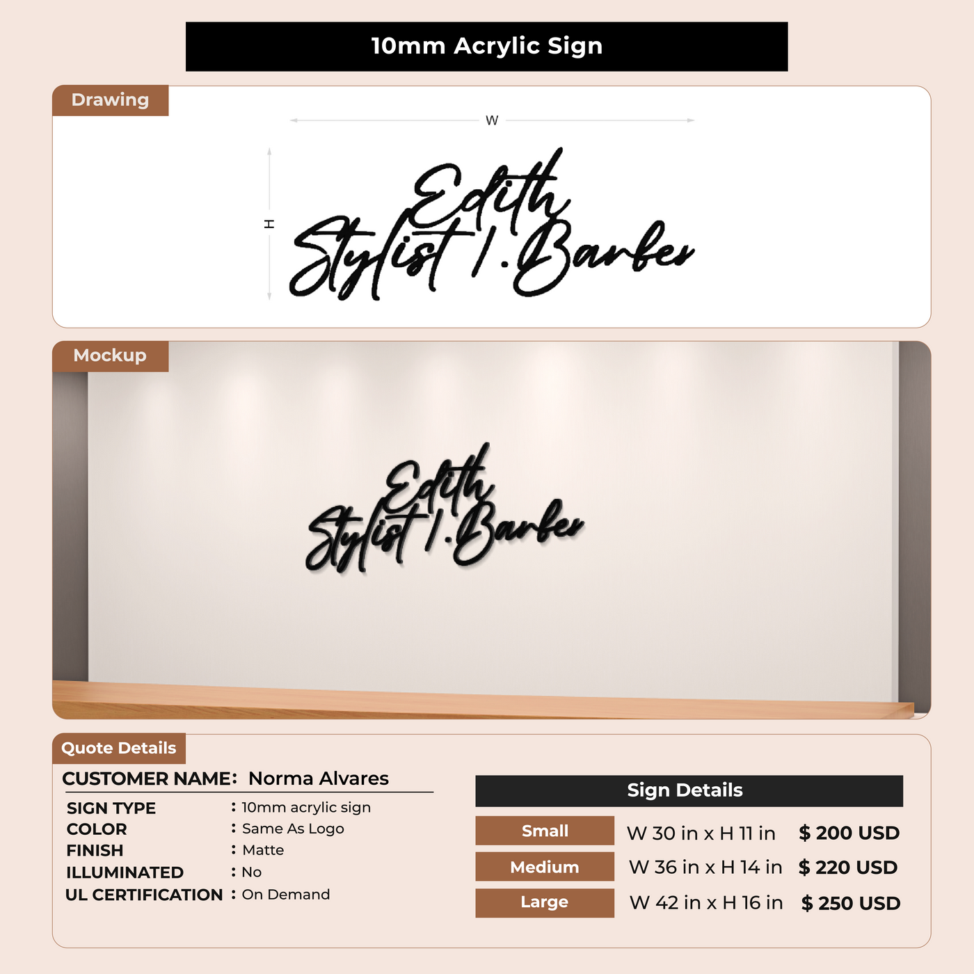 10mm Acrylic Sign for Norma Alvares