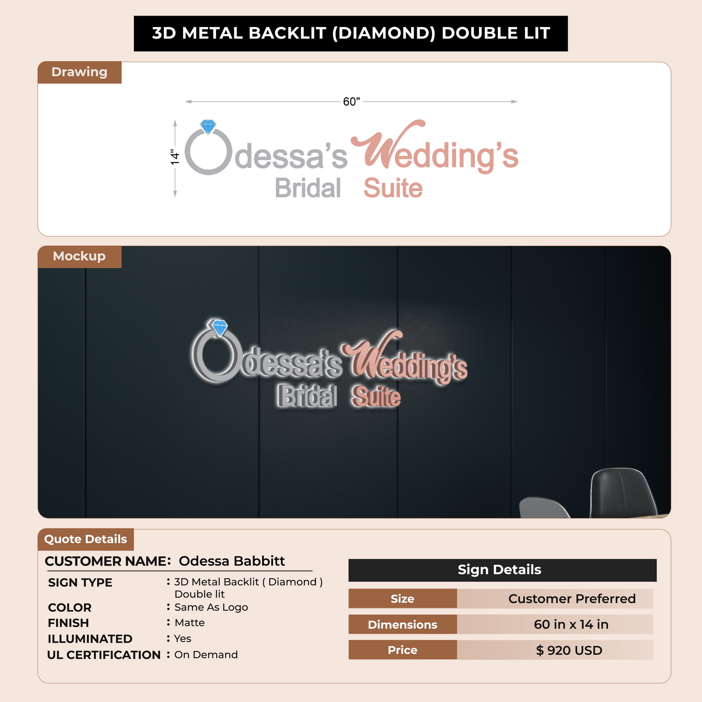 3D Melat Backlit (Diamond) Double-lit Sign For Odessa Babbitt