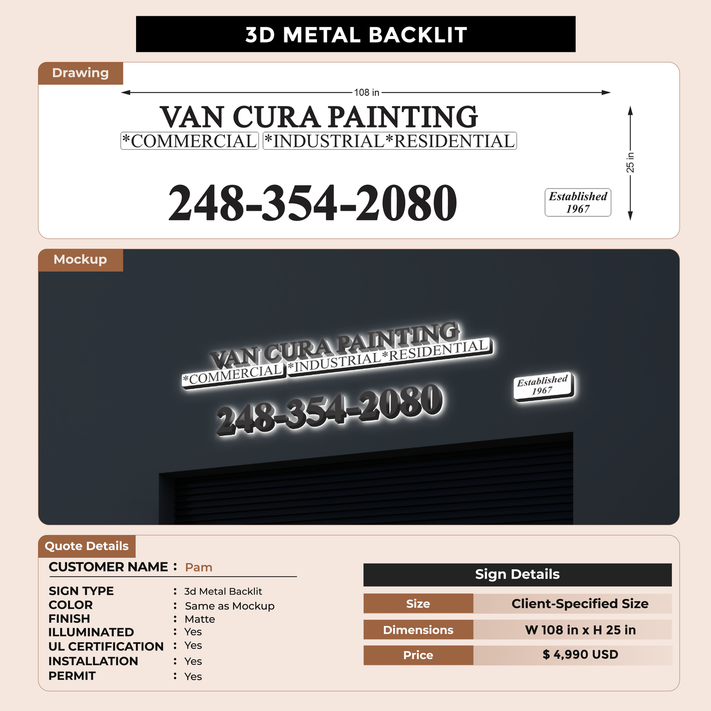 3D metal Backlit sign for Pam
