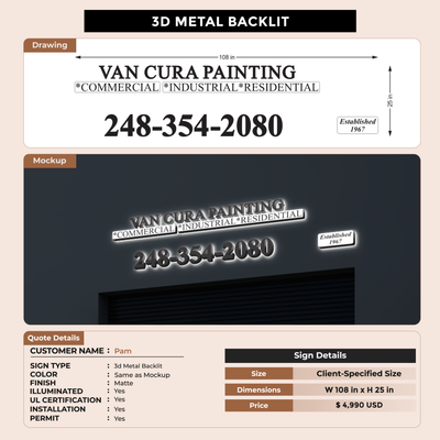 3D metal Backlit sign for Pam