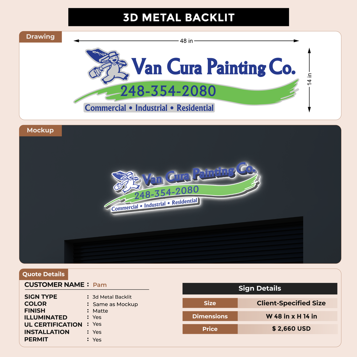 3D metal Backlit sign for Pam