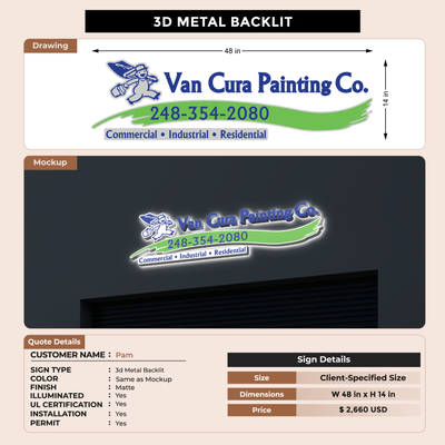 3D metal Backlit sign for Pam