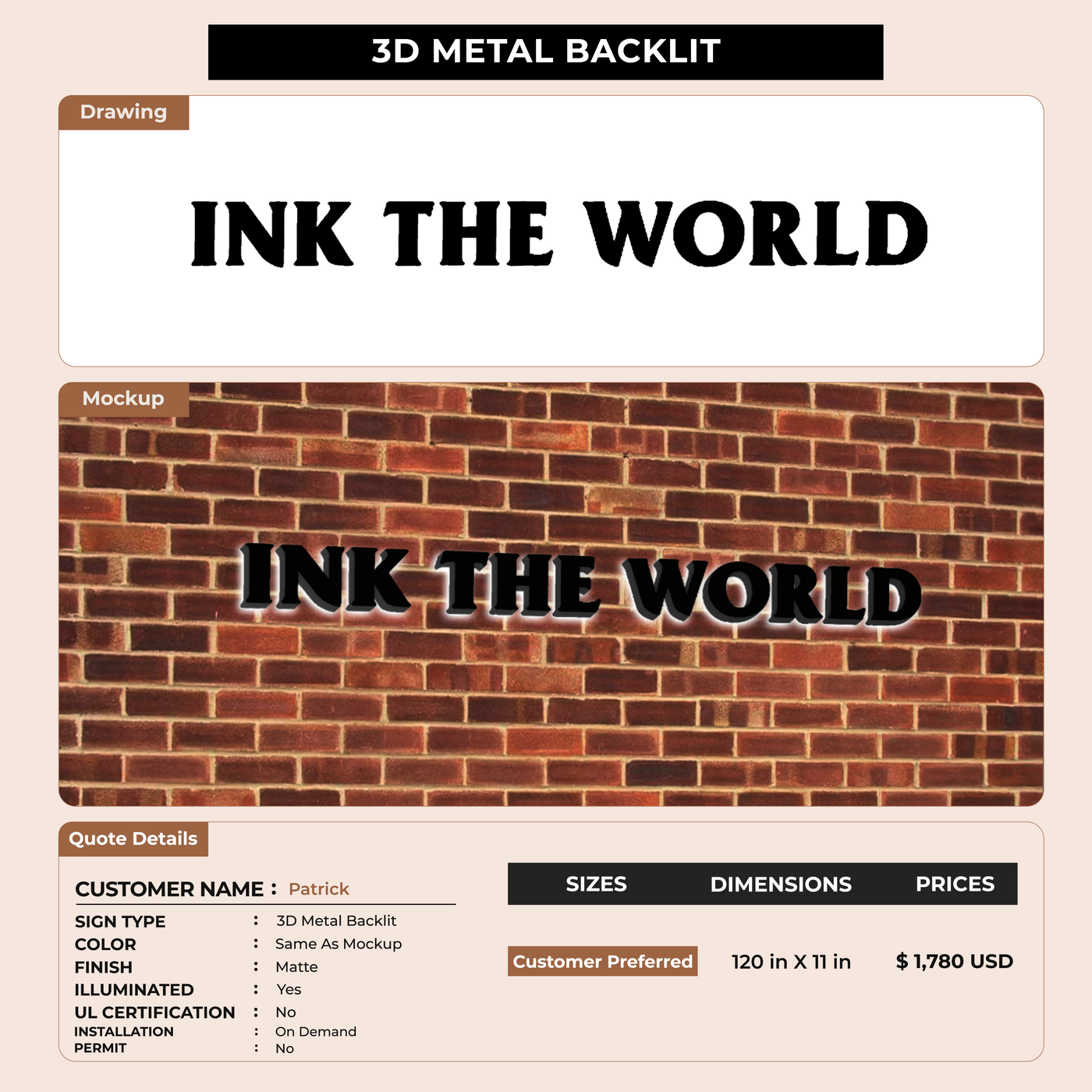 3D Metal Backlit Sign for Patrick
