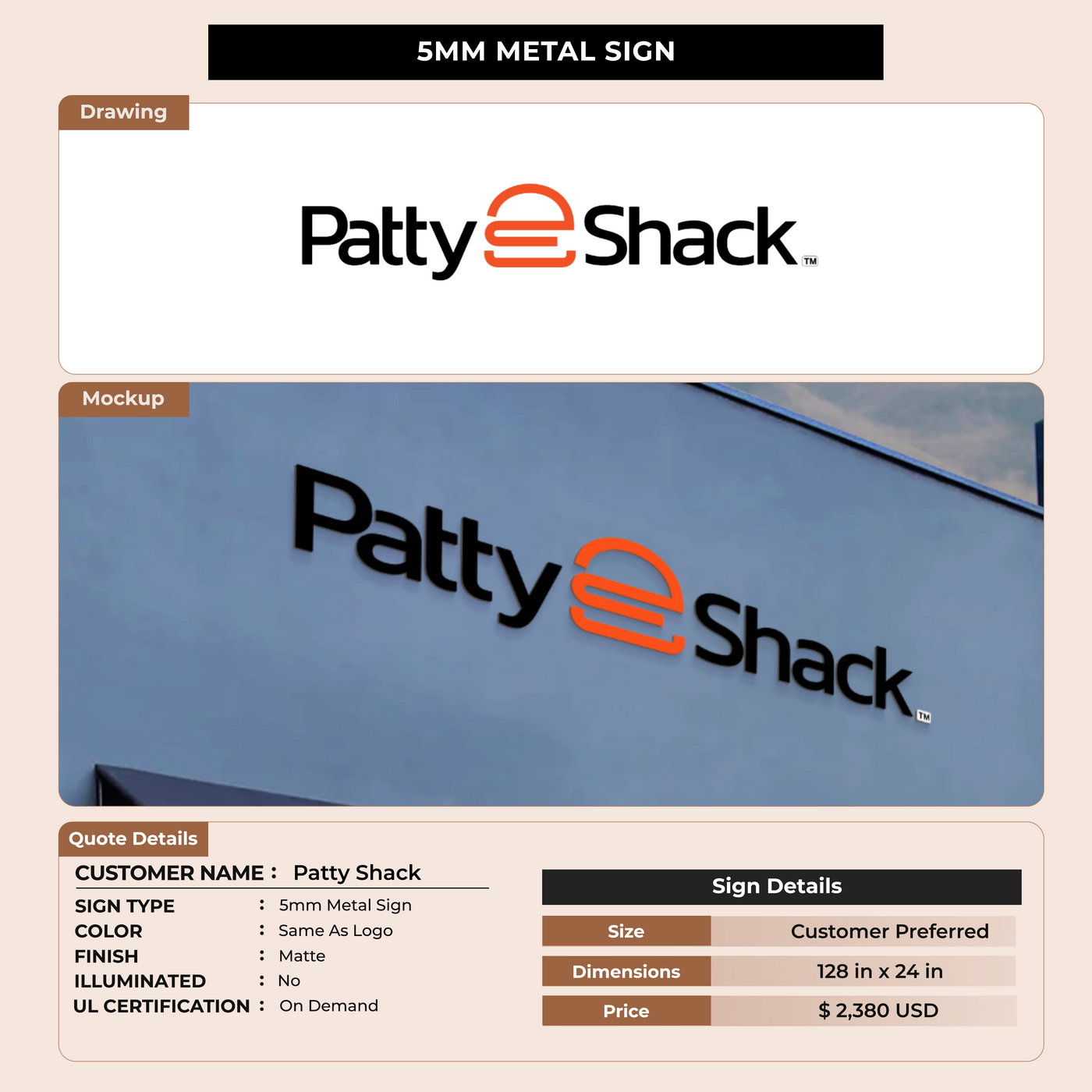 5MM Metal Sign for Patty Shack