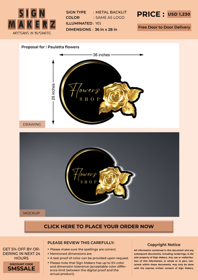 UV Metal Backlit Sign for Pauletta flowers