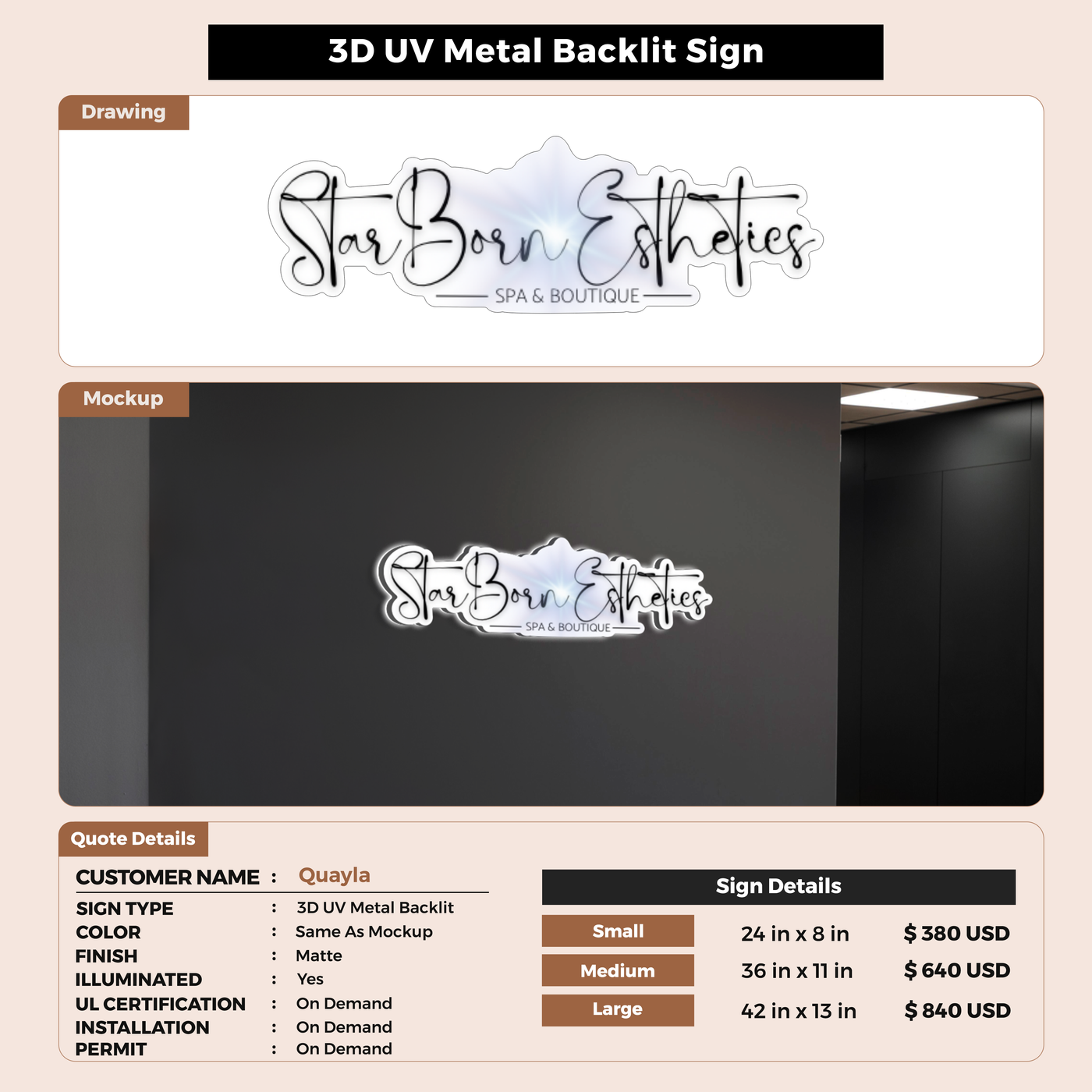 3D UV Metal Backlit Sign for Quayla