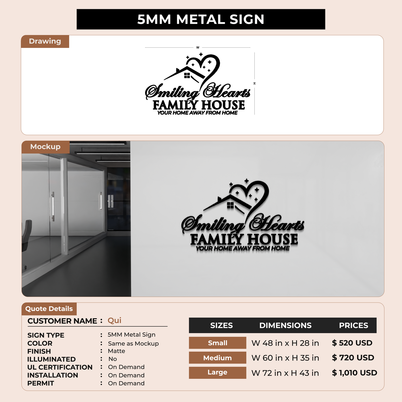 5mm metal sign for Qui