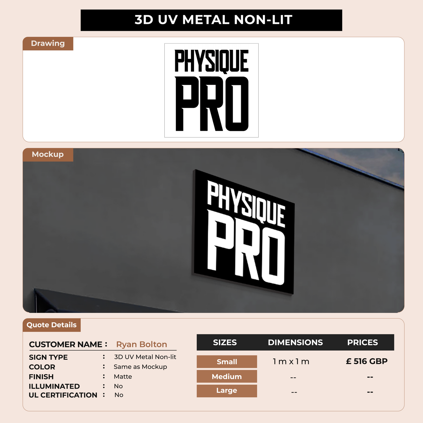 3D Metal Non lit Sign for Ryan Bolton