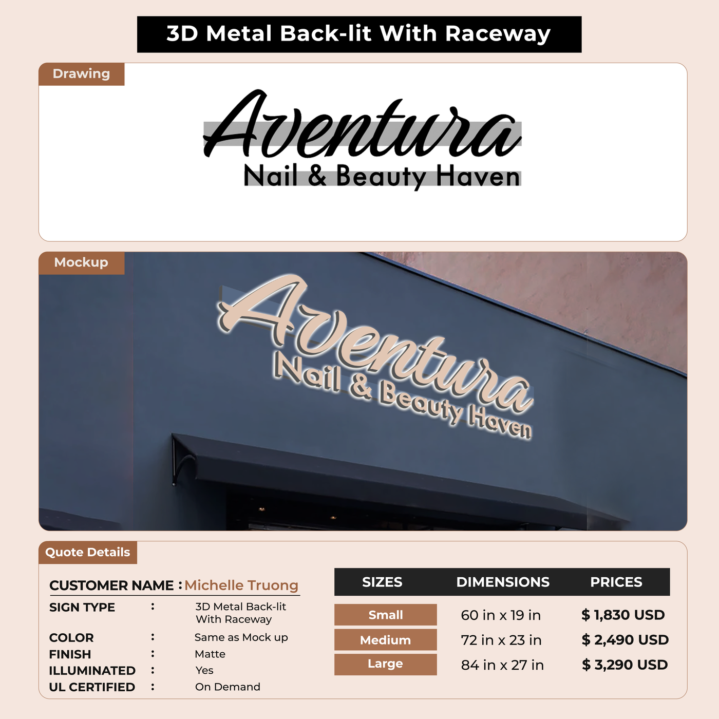 3D Metal Back-lit Sign With Raceway For Michelle Truong