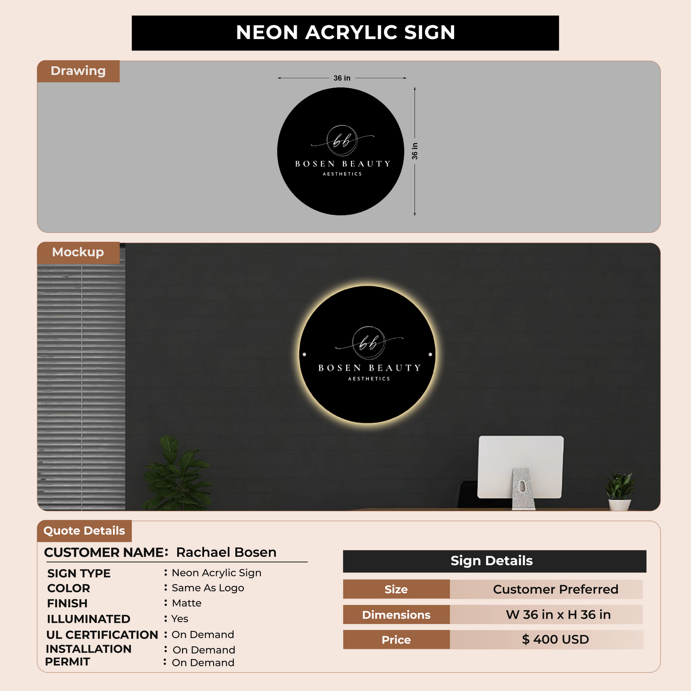 Neon Acrylic Sign For Rachael Bosen