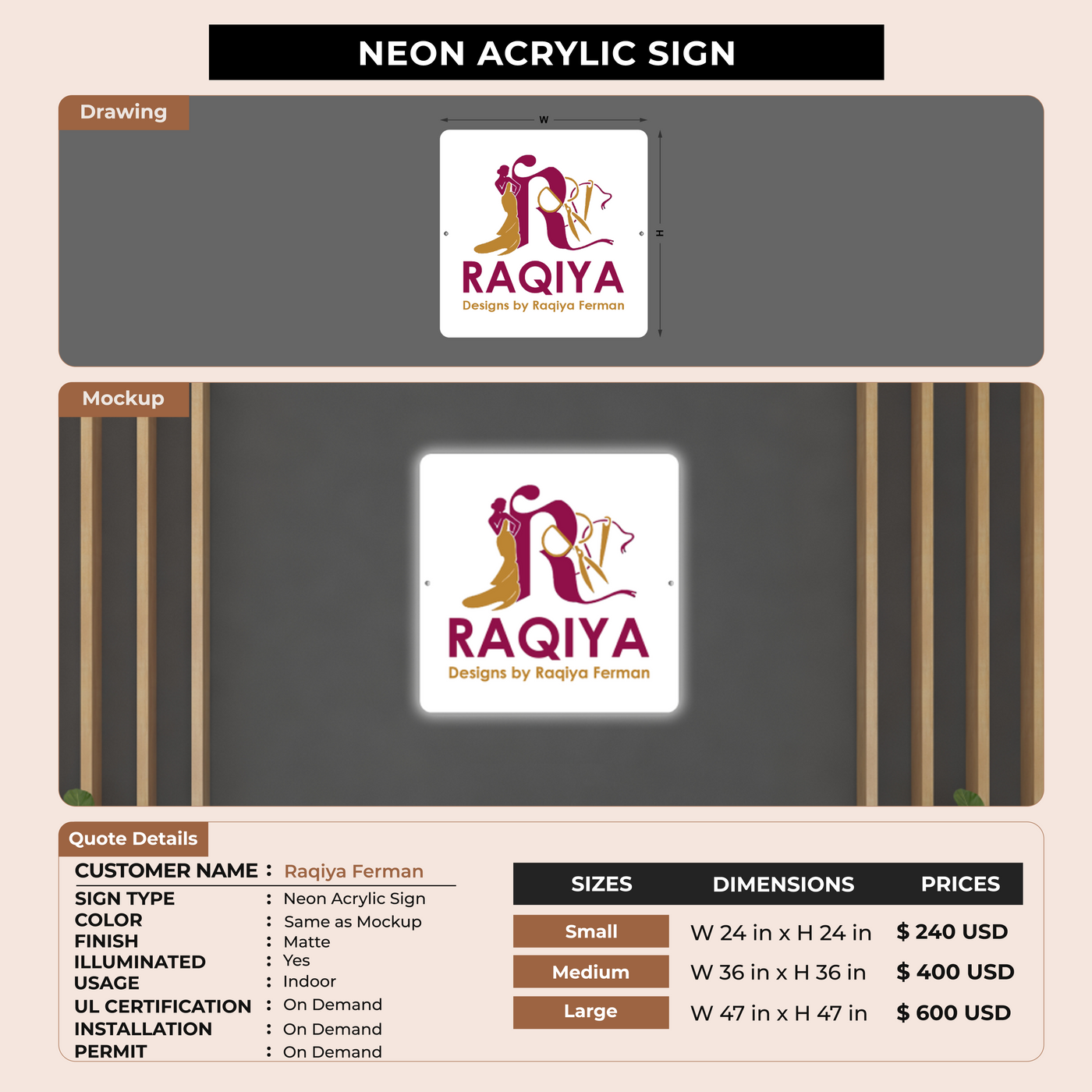 Neon Acrylic Sign for Raqiya Ferman