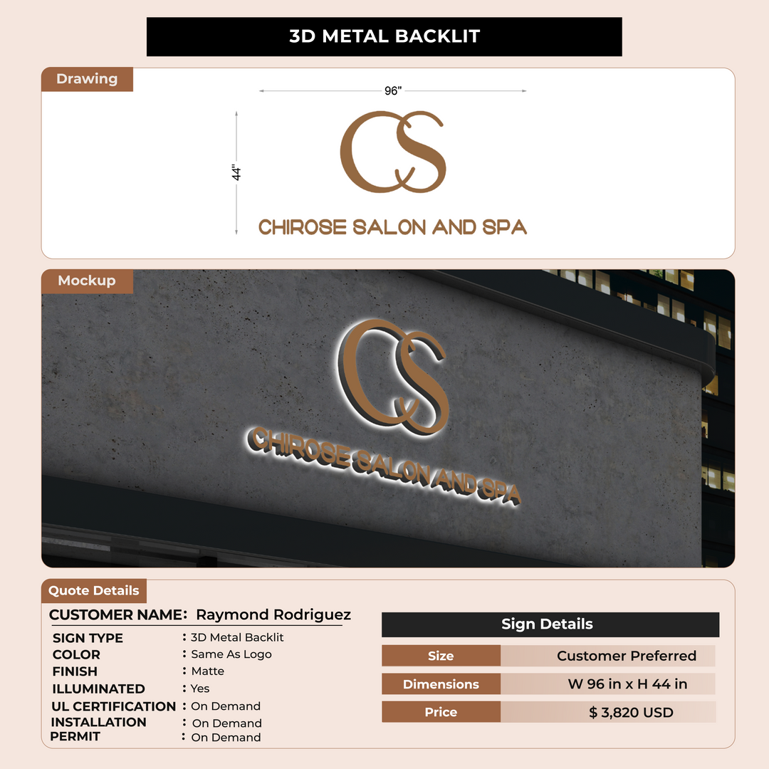 50% Deposit for 3D metal backlit for Raymond Rodriguez