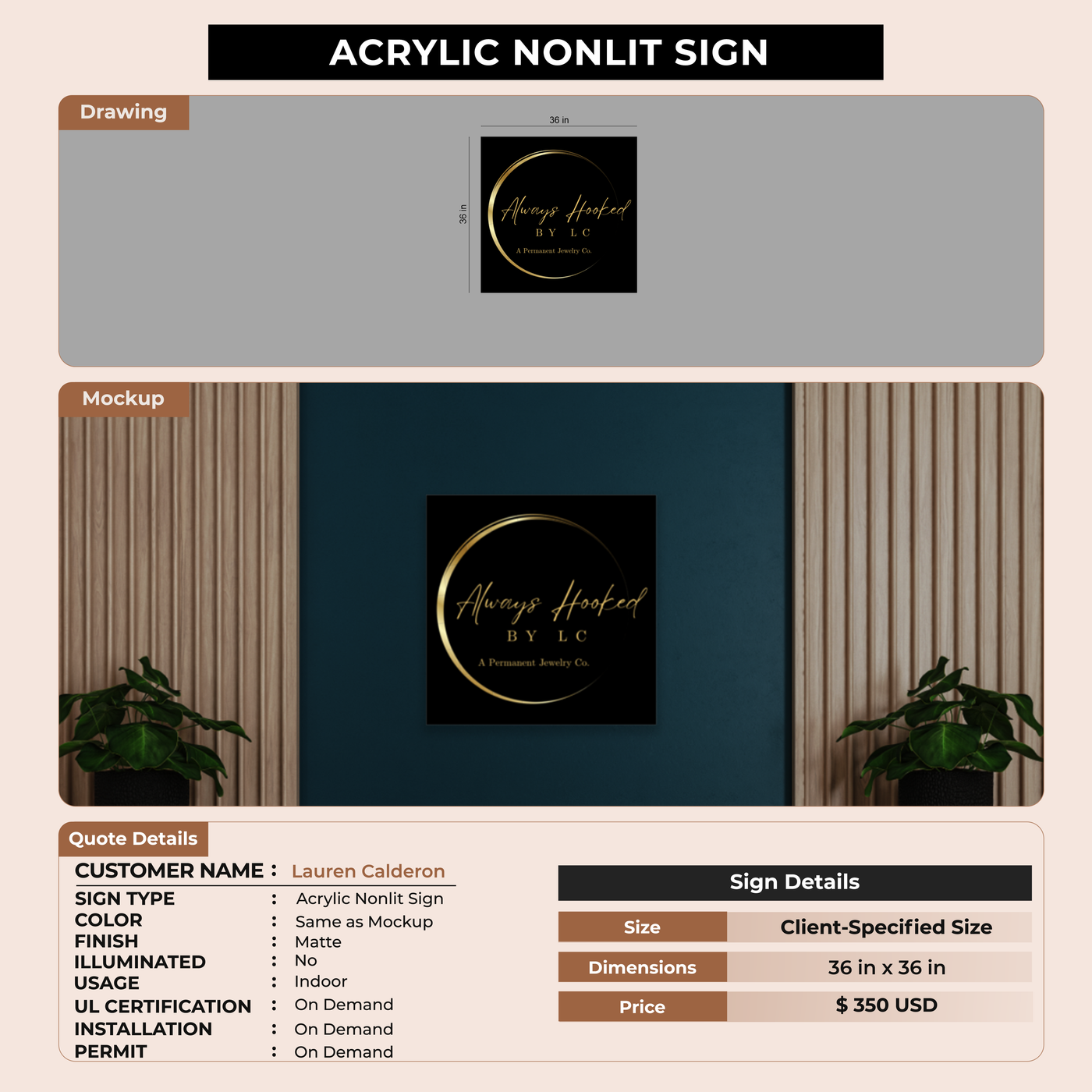 Neon Acrylic non-lit Sign For Lauren Calderon