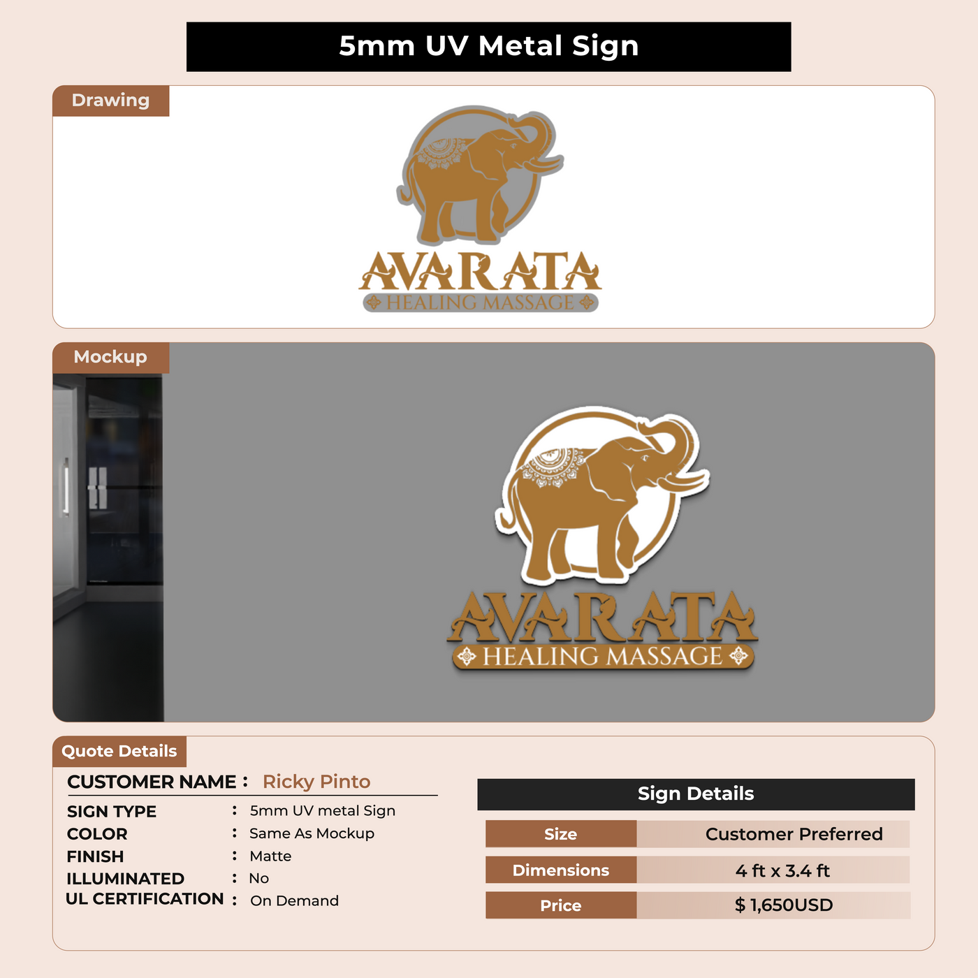 5MM UV Metal Sign For Ricky Pinto