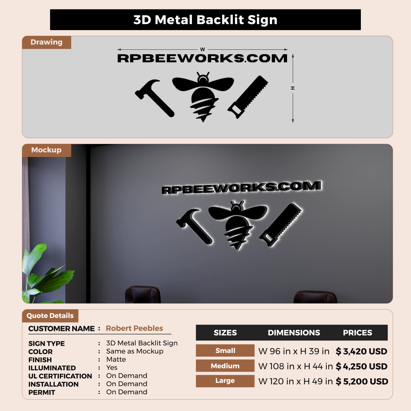 3D Metal Backlit Sign For Robert Peebles