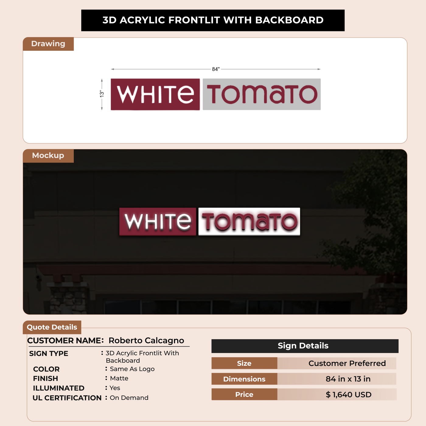 3D Acrylic Front-lit Sign For Roberto Calcagno