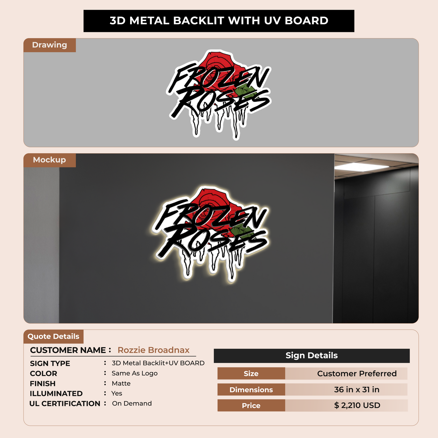 3D  Metal Backlit with UV Board Sign For Rozzie Broadnax
