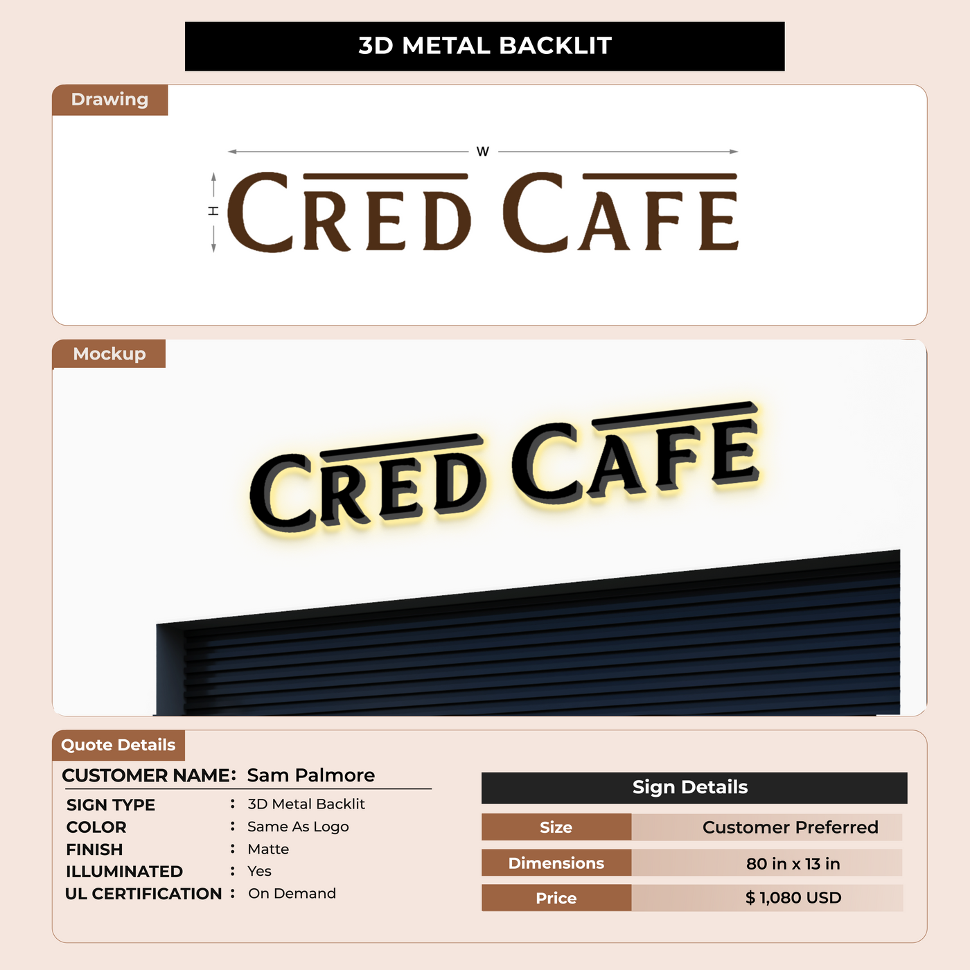 3D Metal Back-lit Signs For Sam Palmore