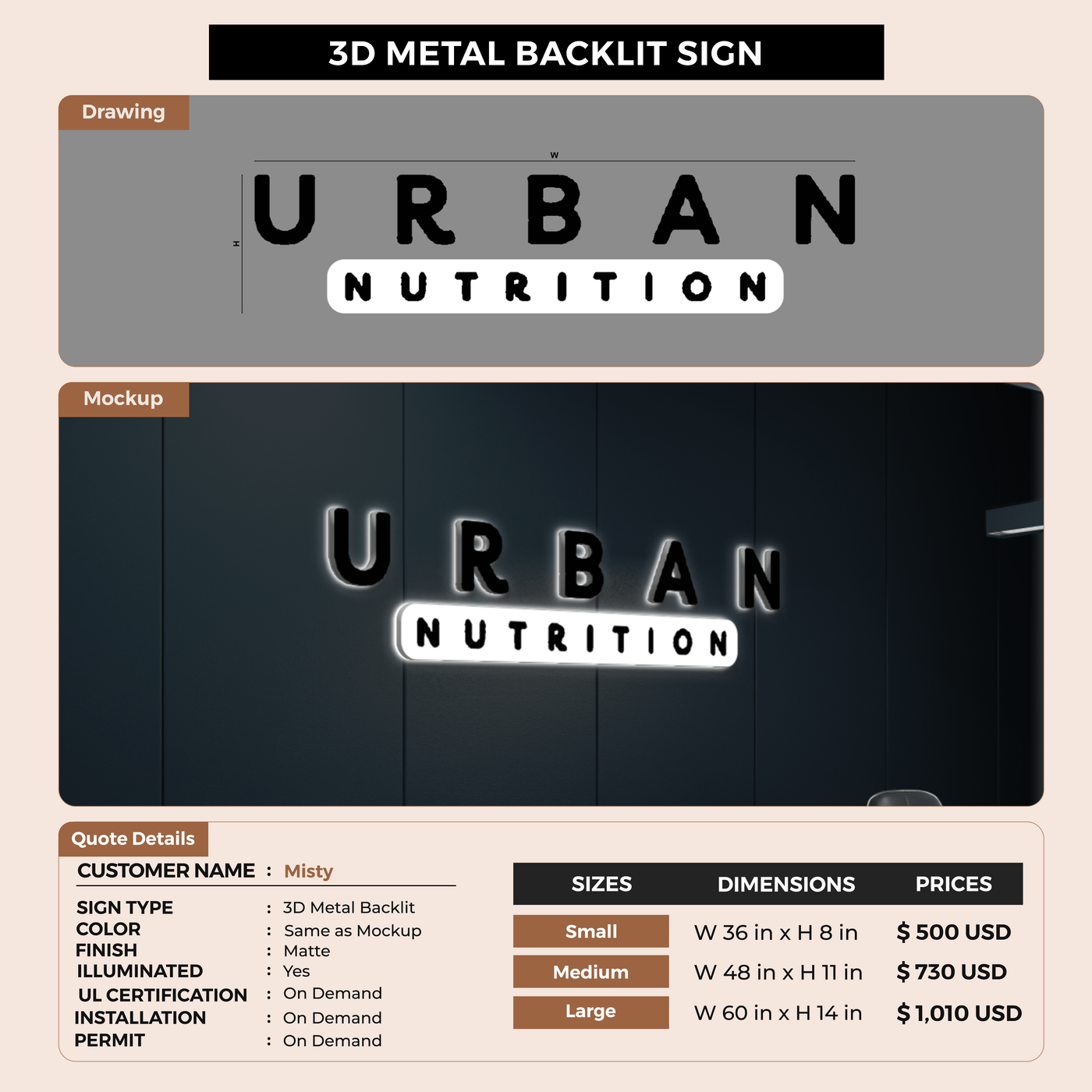 3D Metal Backlit Sign for Misty