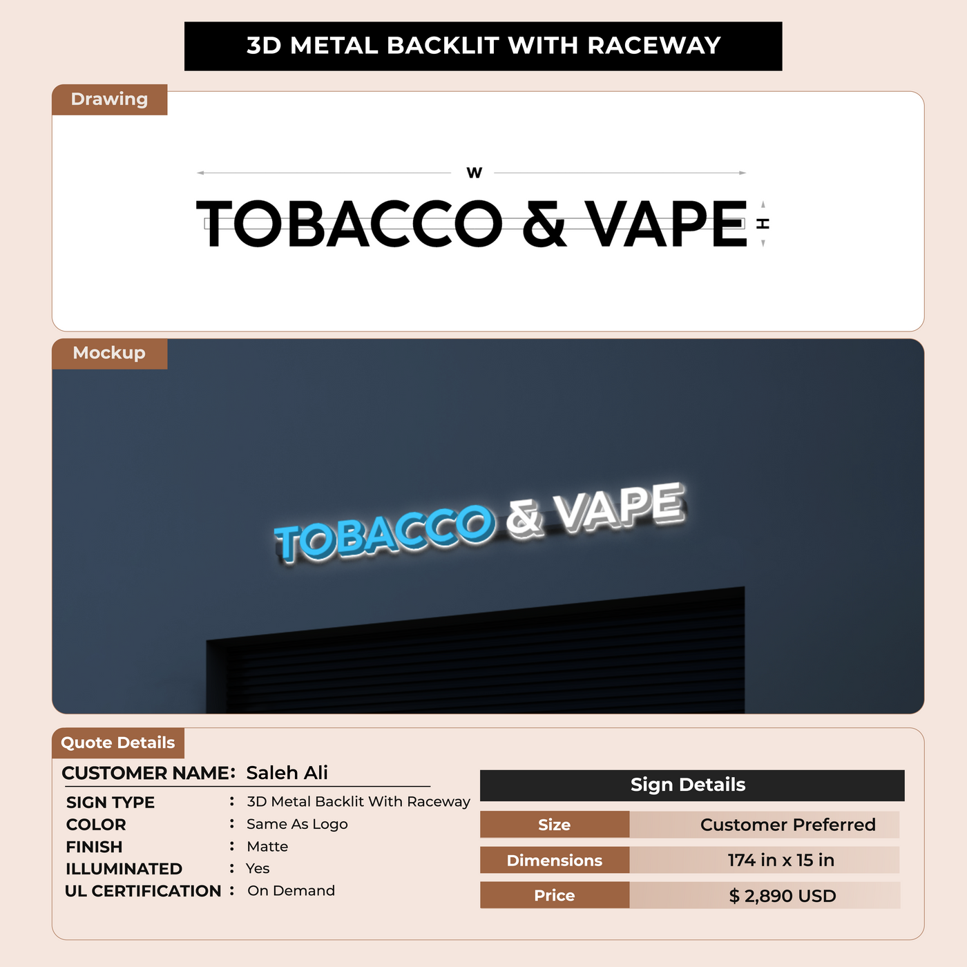 3D Metal Backlit with raceway sign for Saleh Ali